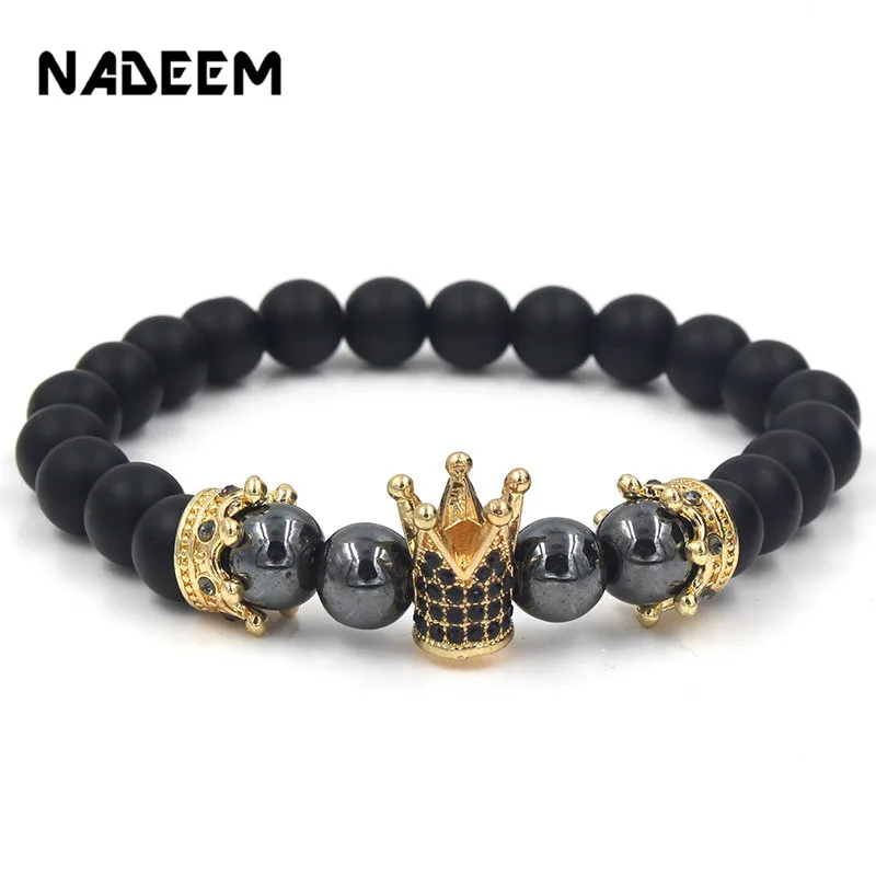 

Natural Stone Beads Men Micro Pave CZ Crown Bracelets For Women Handmade Punk Yogi Elastic Bracelet Jewelry Pulseira hombres