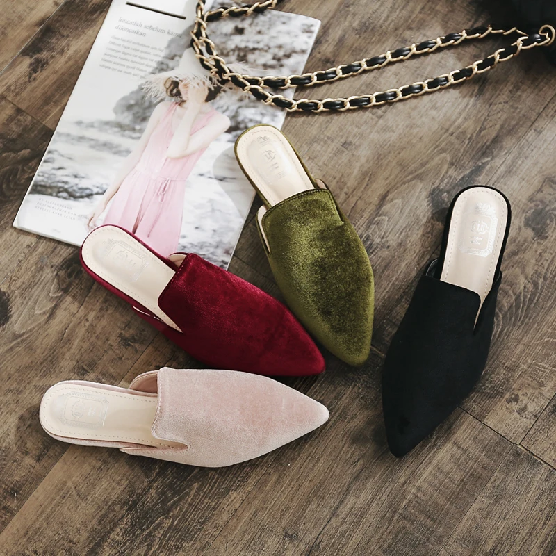 

pointed toe flock solid mules shoes 2018 spring summer new low heel shoes summer beach slides flipflops women mules shoes