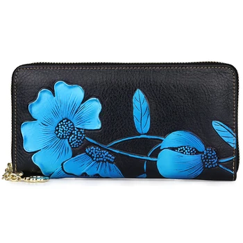 

Best Quality Women Wallets Leather Mini Long Lady Purse Blue Embossing Floral Black Lady Purse Genuine Leather Female Coin Case