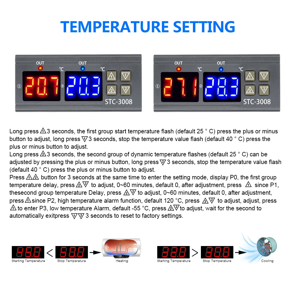 STC-3008 Термостат 110 В 220 в 12 В 24 В 2CH светодиодный двойной дисплей цифровой регулятор температуры Регулятор термометр для инкубатора тестер