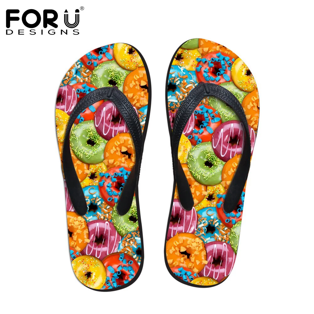 

FORUDESIGNS 3D Donuts Pattern Flip Flops Woman Summer House Slippers Fashion Women Flats Beach Flipflops Non-slip Lady Soft Shoe