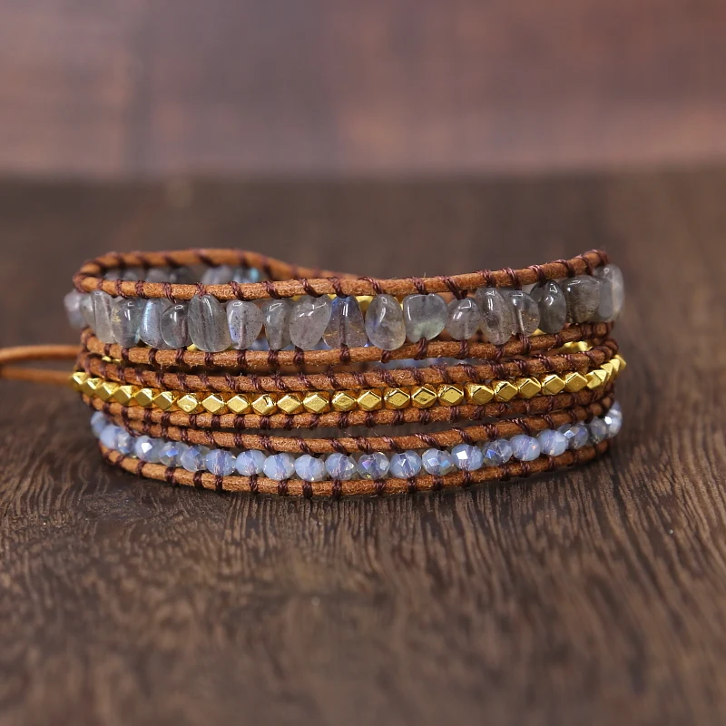 

2019 newest Random Labradorite stone Leather Bracelet Mix Stones beads Women 3 Layers Wrap Bracelet Boho Bracelet Jewelry