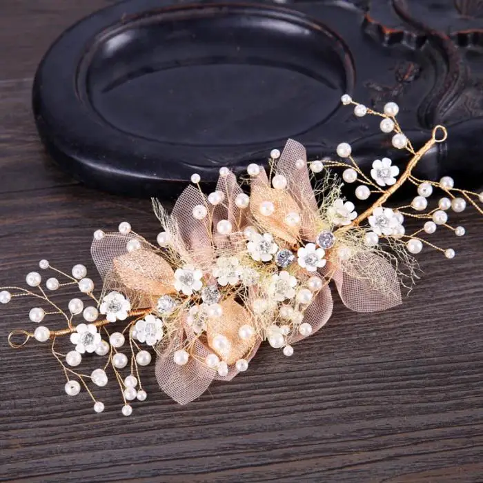 Romantic Korean Silk Yarn Flower Gold Leaf Rhinestone Bride Headdress Beauty Bridal Wedding Headpiece Hair Accessories JL