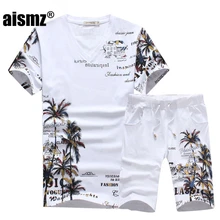 Aismz новые модные летние короткие комплекты мужские повседневные купальные костюмы с принтами из кокосового острова для мужчин, костюмы в китайском стиле футболка+ штаны 5XL
