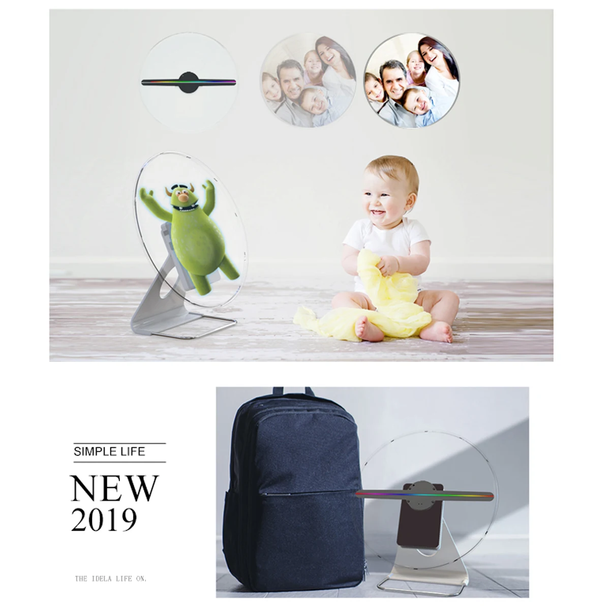 Portable 30CM 3D Holographic Projector With Battery Hologram Player LED Display Fan Advertising Light APP Control