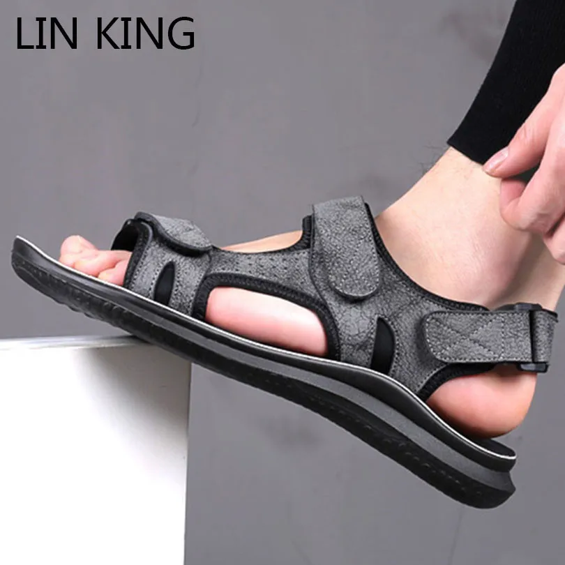 

LIN KING New Fashion Summer Leisure Beach Men Shoes High Quality Leather Man Sandals Comfortable Soft Sole Outdoor Men's Sandals