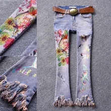 Новые модные женские туфли печати тощий повседневное расклешенные брюки с бахромой джинсы для женщин леди окрашенные печатных красивые Джинс
