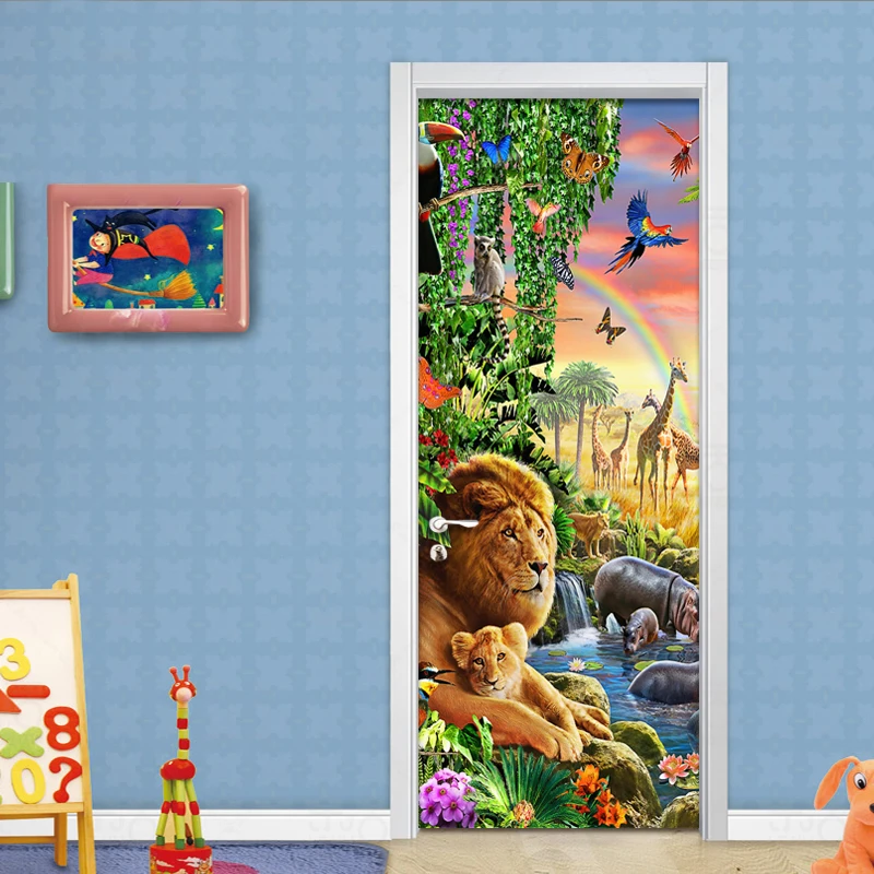 3D мультфильм Дети Настенные обои животные мир Лев лес 3D украшение для двери ПВХ экологически чистые спальни 3D-обои, Декор для дома