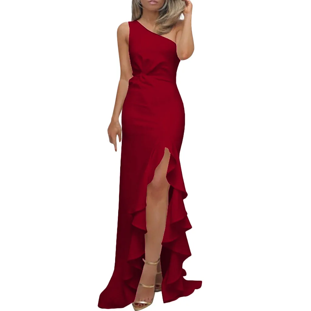

Women Sexy One Shoulder Ruched Twist Knot Asymmetric Ruffle High Slit Formal Evening Prom Bodycon Maxi Dress #Zero
