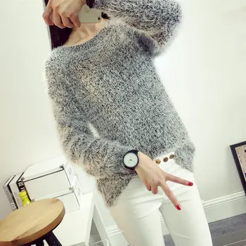 

Hiawatha Candy Color Pullover Women Mohair Knitted Long Sleeve Sweaters Autumn Winter O-Neck Jumper M032