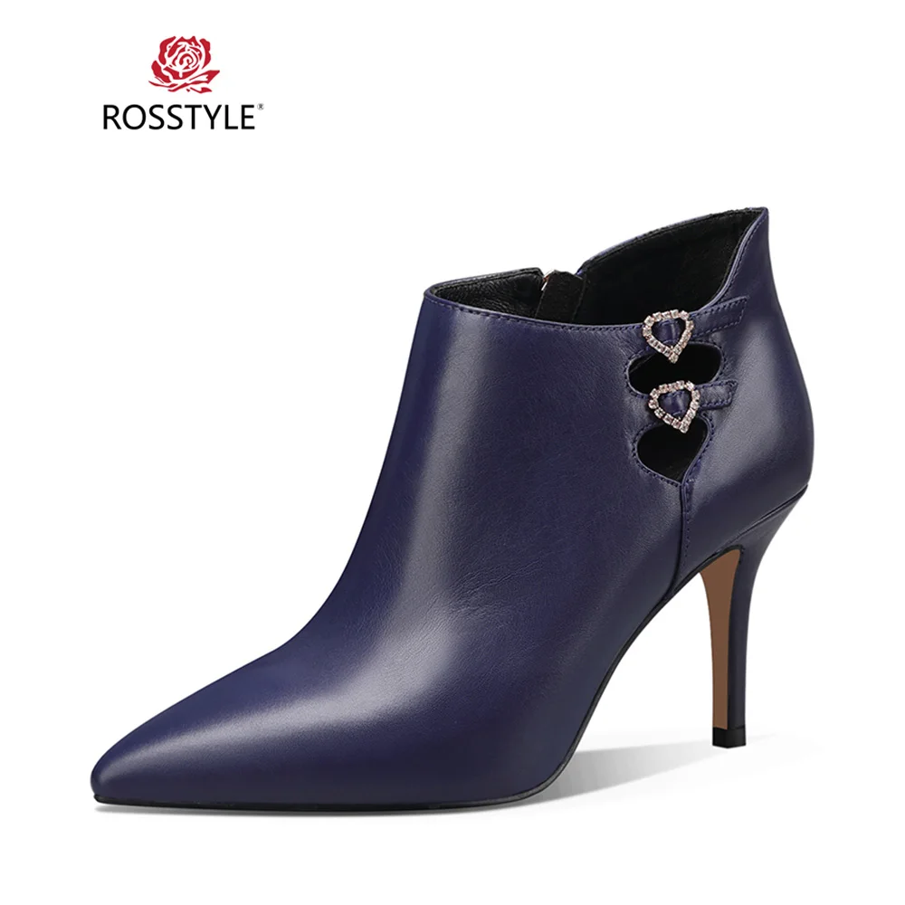 

ROSSTYLE Winter Fashion Woman Ankle Boot High Quality Genuine Leather Short Boot Zipper Sexy Pointed Toe Thin Heel Warm Boot B33