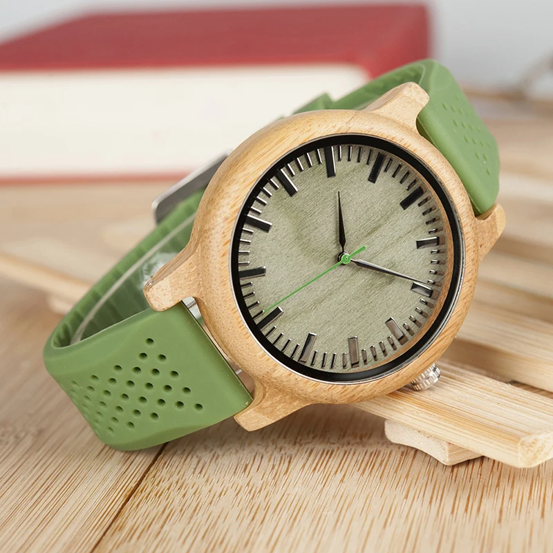 BOBO BIRD Bamboo Wooden Watch Men Quartz Watch with Green Silicone Strap Extra Band Men's Gift with Box relogio masculino W-B06