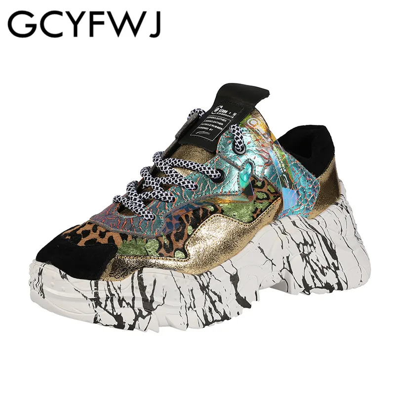 

GCYFWJ 2020 Dad Sneakers Ladies Mixed Colors Genuine Leather Splice Horse Hair Camouflage Casual Lace-Up Shoes Woman Sneakers