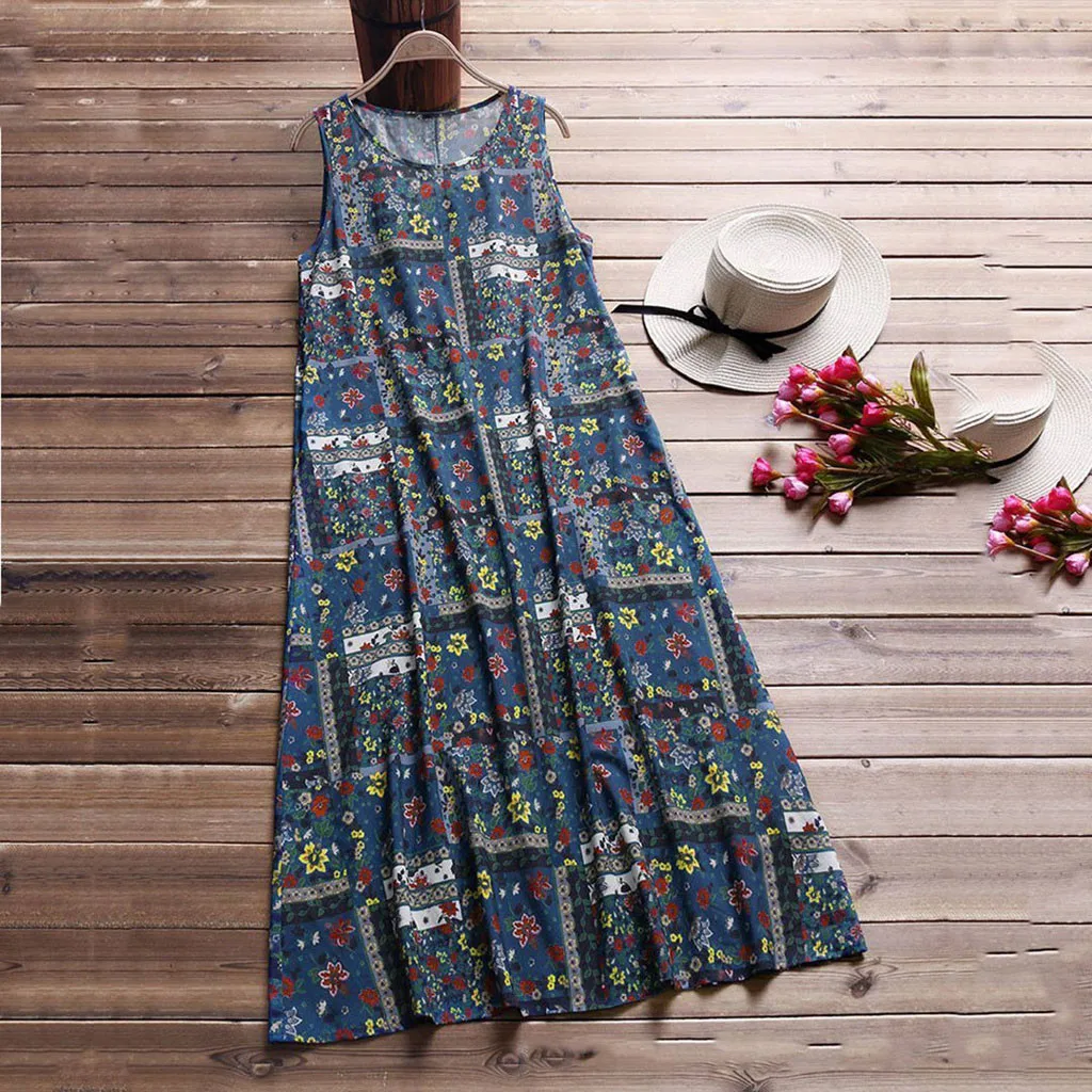 KLV 2019 summer dress Womens latest fashion платье Casual Plus Size Loose Sleeveless Nationsl Style Print Dress free shippingD4