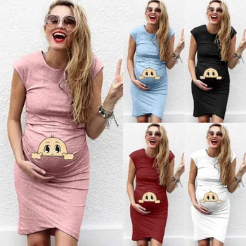 

Women Pregnant Short sleeve Pregnant Nursing Maternity Dress Solid Print Skirt