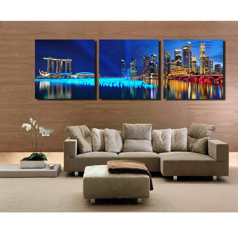 3 Panel Cuadros Decoracion Singapur Ciudad Noche Aceite Pug En