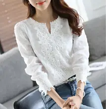 2017 New Autumn Spring Basic Women Lace Chiffon Blouse shirts Solid Tops White blusas Long sleeve OL Embroidery Big size D0435