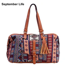 Fashion Large Capacity Women Canvas with Leather Jacquard Travel Duffle Multifunction Tassel Bags Plus Size