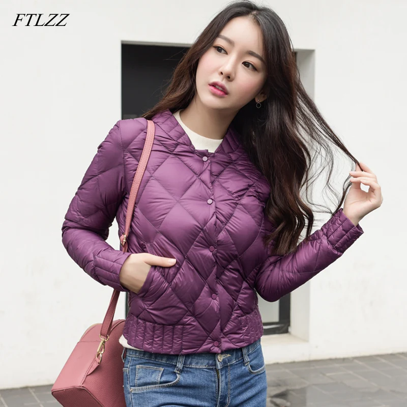 

FTLZZ 2019 New Autumn Winter Women Ultra Light White Duck Down Jackets Plus Size 3XL O Neck Coat Slim Short Warm Down Coats