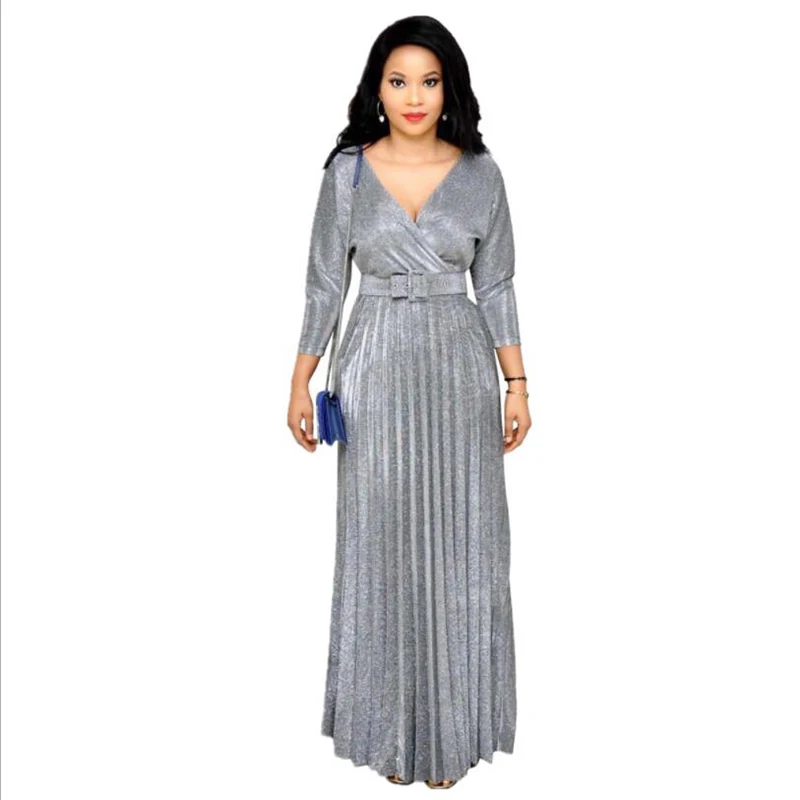 

Summer Women Fashion Office Lady Elegant Dresses Wrist Sleeve Length Gilded Pleated Swing Dress with Sashes Chameleon Fabric