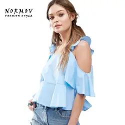 Normov S-XL модные женские туфли Топы корректирующие плечо от короткий рукав синяя рубашка блузка большая Размеры Свободная рубашка blusas 2017 Мода