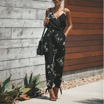 

2019 New Women Summer Floral Print Jumpsuits Sleeveless Spaghetti Strap V-Neck Loose Rompers Female Black Backless Jumpsuits