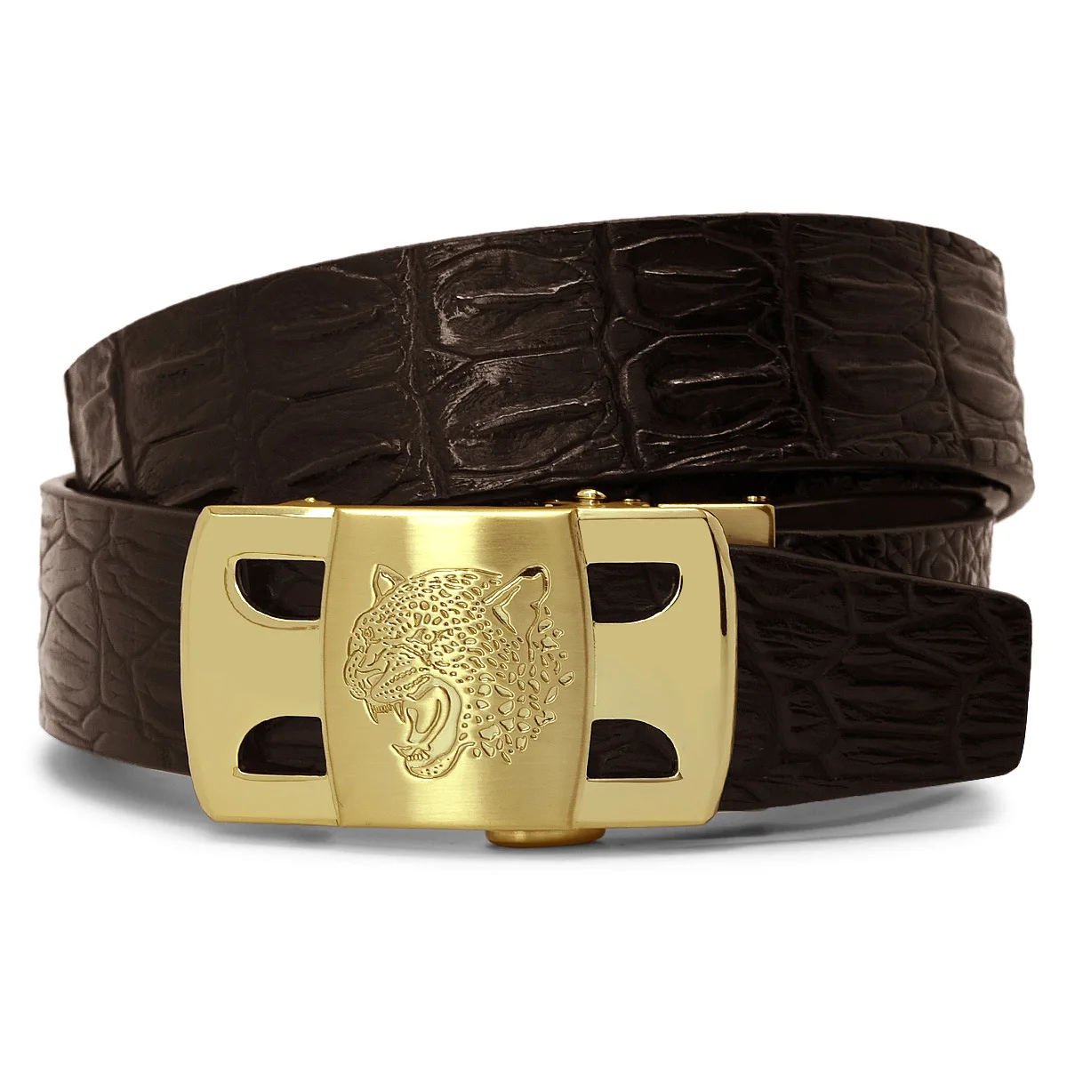 

Wholesale luxury imitation steel leopard alloy automatic buckle men's leather belt drum crocodile pattern popular trousers belt