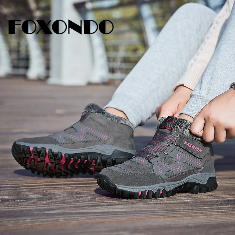 

FOXONDO 2019 Winter Women Snow Boots Women Leather Suede Warm Push Ankle Boots Female Plush Waterproof Boots Hiking Boots Shoes