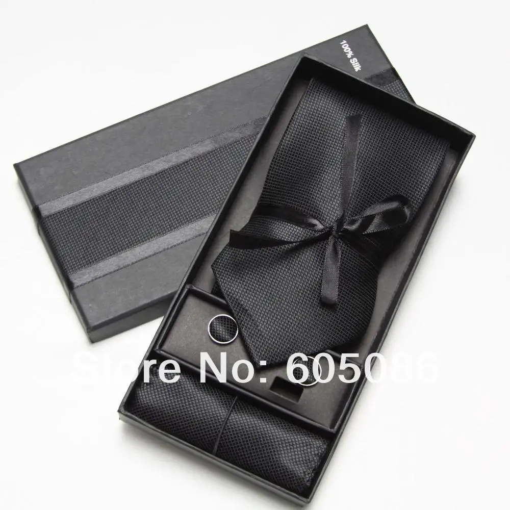 HOOYI 2019 černá pánská kravata a kapesní souprava pánské kravaty sady manžetové knoflíčky hanky kapsa čtvercová