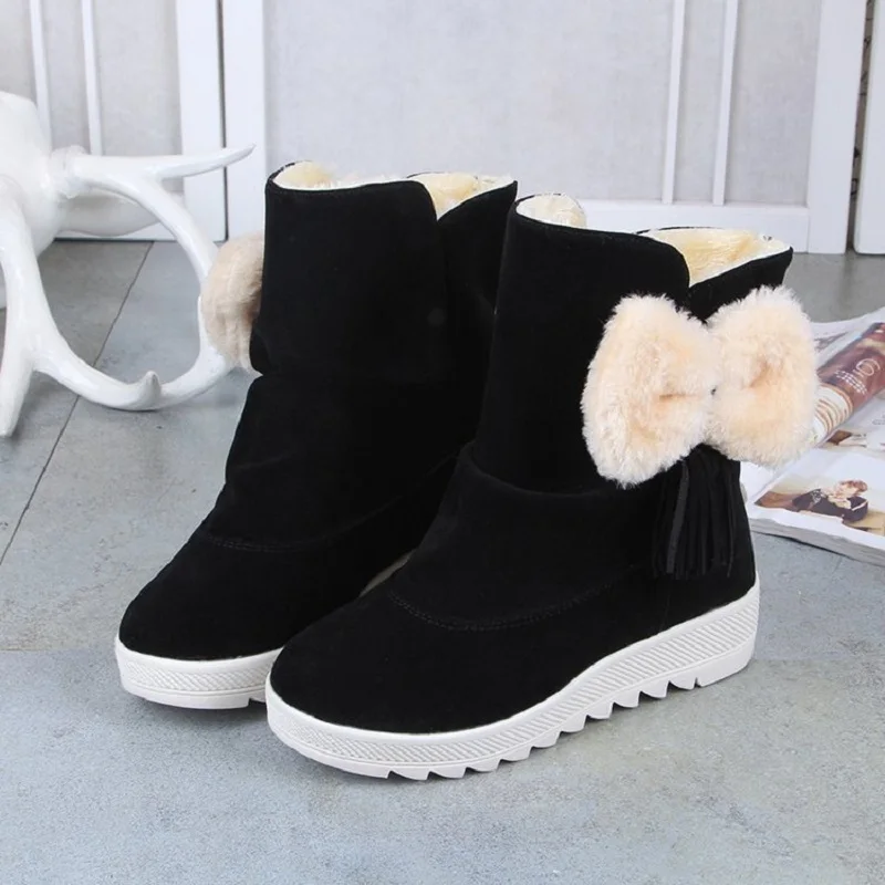 

MoBeiNi 2018 autumn and winter new bow flat round head boots in the frosted snow boots women's boots women's shoes Short Plush