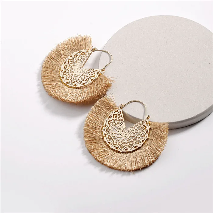 New Women Earrings New Hollow Alloy Silk Thread Fan-Shaped Tassel Female Models Earrings For Ladies D8J102 (5)