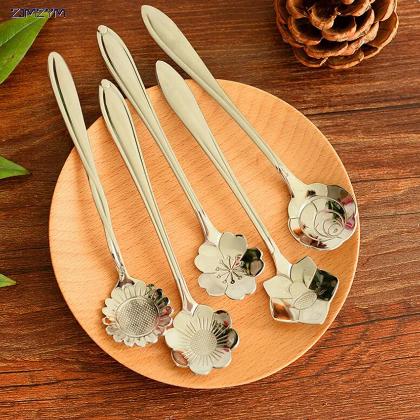 

1pc Long Handle Flowers Shaped Stirring Spoon Stainless Steel Flatware Ice Tea Dessert Spoon Dinnerware Kitchen Accessories
