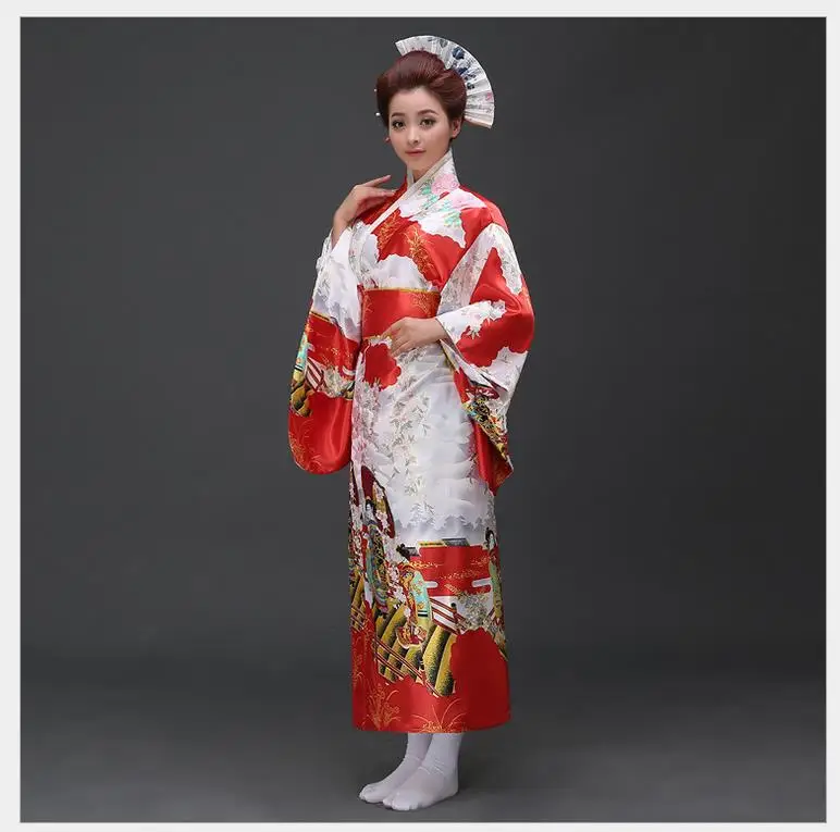 Синее традиционное японское женское шелковое атласное кимоно, винтажное вечернее платье юката с Obi, платье для танцев, один размер B-014 - Цвет: Red