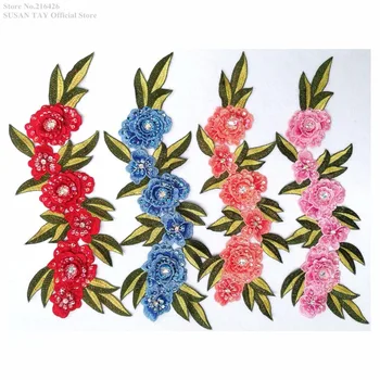 

New 4Colors(Red Blue Peach+.)Beaded Sequined 3D Flower Embroidery Patches Lace Applique Dance Costume Decorating 5pcs/lot BNC141