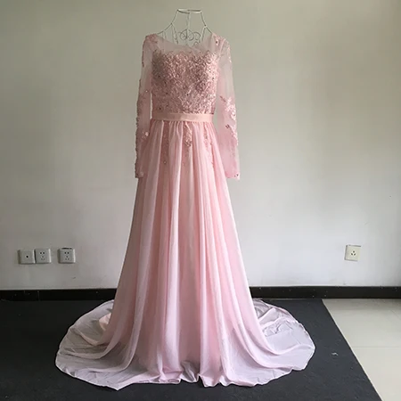 Настоящая фотография, длинные рукава, официальное вечернее платье, серое Элегантное длинное вечернее платье для выпускного вечера - Цвет: pink