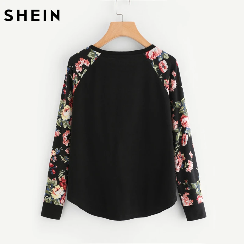 SHEIN الأزهار راجلان كم منحني تنحنح إمرأة المحملة الخريف إمرأة T قمصان عارضة السيدات أسود طويل كم T قميص