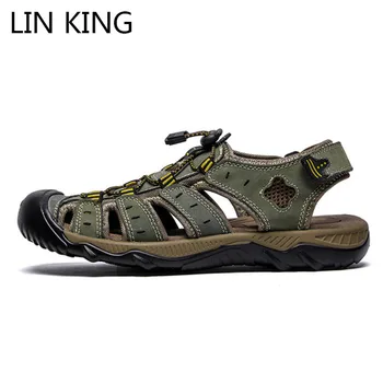 

LIN KING Roman Style Men Genuine Leather Sandals Big Size Man Summer Outdoor Beach Sandals Soft Sole Outside Men's Casual Shoes