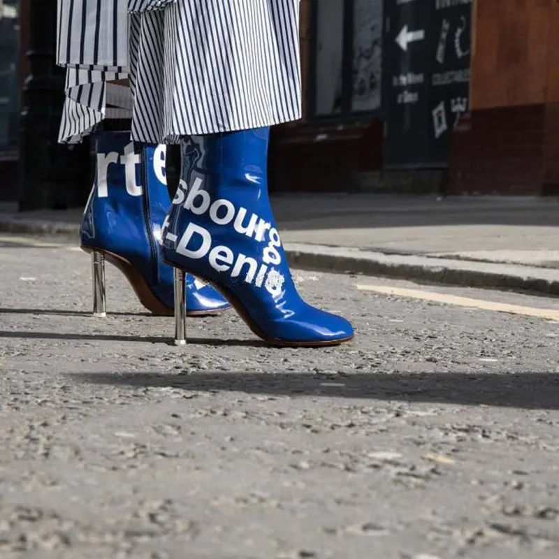 

Hot Street Blue Patent Lighter High Heels Round Toe Stiletto Heels Shoes Woman Ankle Boots Round Toe Printed Shoes