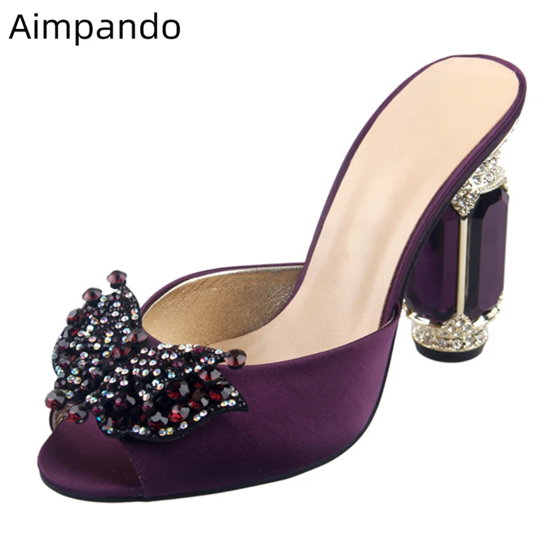

Diamond Heel With Rhinestone Slippers Women New Chic 2019 Sexy Open Toe Satin Crystal Butterfly Flower High Heel Shoes Woman