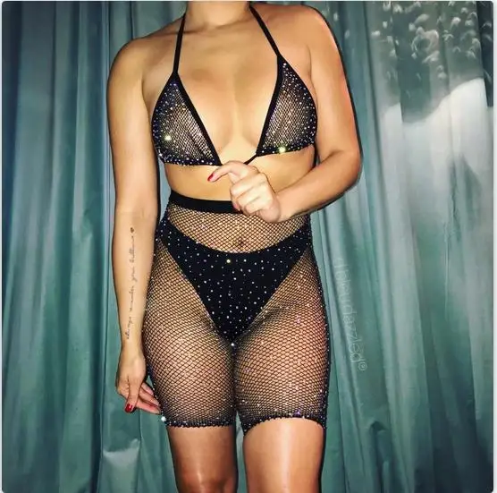 

Sexy Women See-through Rhinestone Set Mesh Halter Bra + Fishnet High Waist Shorts Female Babydoll Sleepwear Sets New