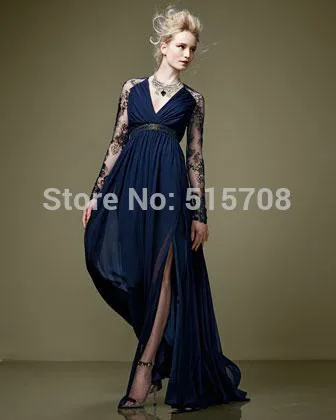 

Elegant Royal Blue Lace Chiffon Evening Dress Long Lace Sleeves Sexy V neck Sweep Train Long Formal Evening Prom Party Dress