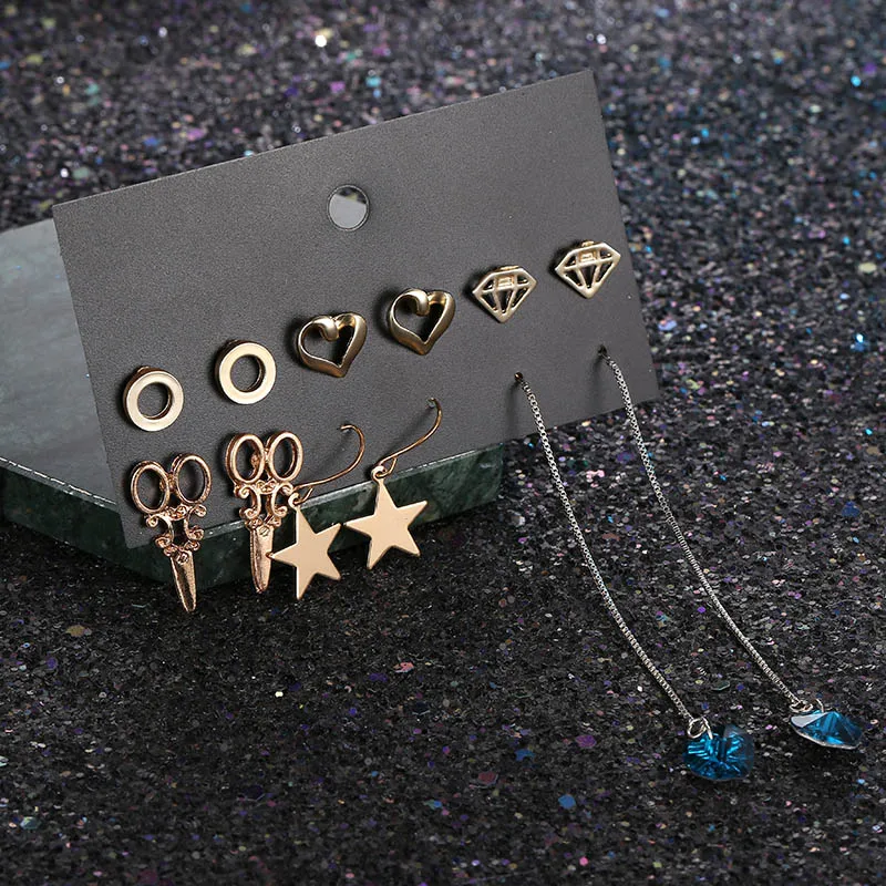 

6 Pairs/set Fashion Geometric Heart Stud Earrings Set For Women Personalized Scissors Pentagram Gold Earring Gift Jewelry Brinco