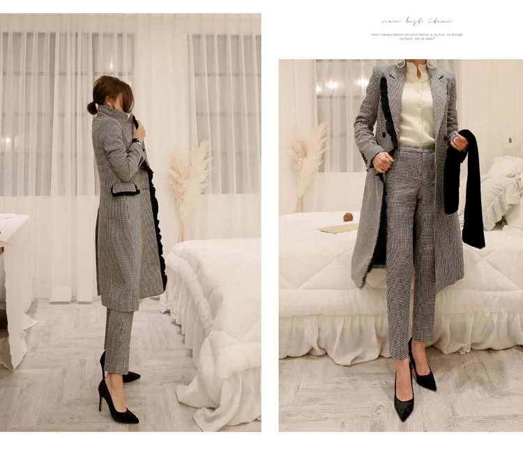 Элегантное женское двубортное длинное шерстяное пальто и брюки-карандаш, Осень-зима, Модный женский комплект из двух предметов