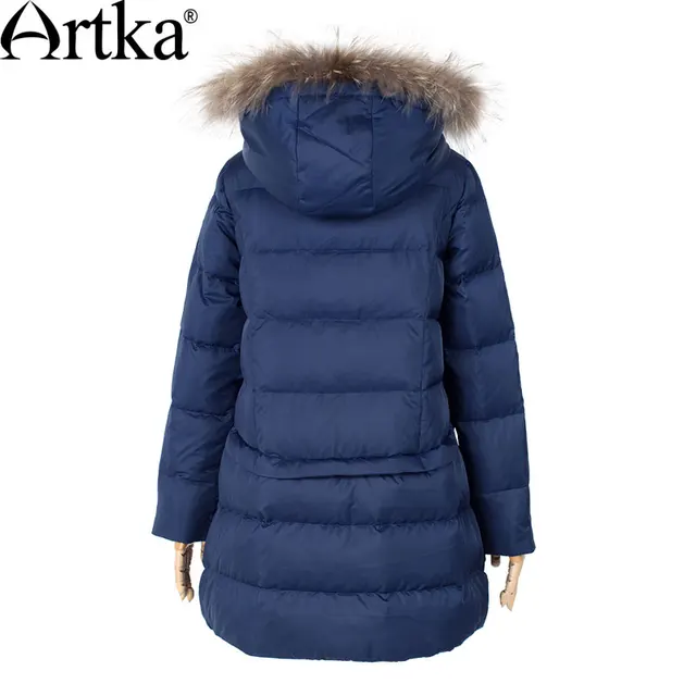 ARTKA Women s Mid-Length Down Coat With Raccoon Fur Hood With 90 Down Parka Female Long Winter Puffer Jacket ZK11669D