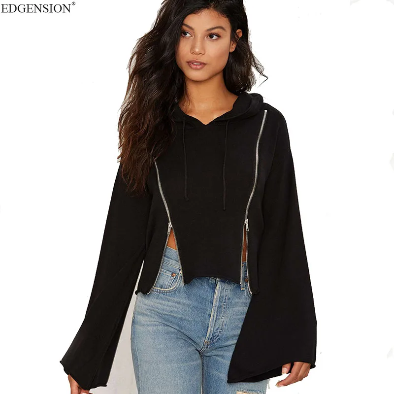 EDGENSION New 2017 Spring Fashion Women Trumpet Sleeves Zip Slits Asymmetric Hoodies European Zipper Split Short Sweatshirts | Женская