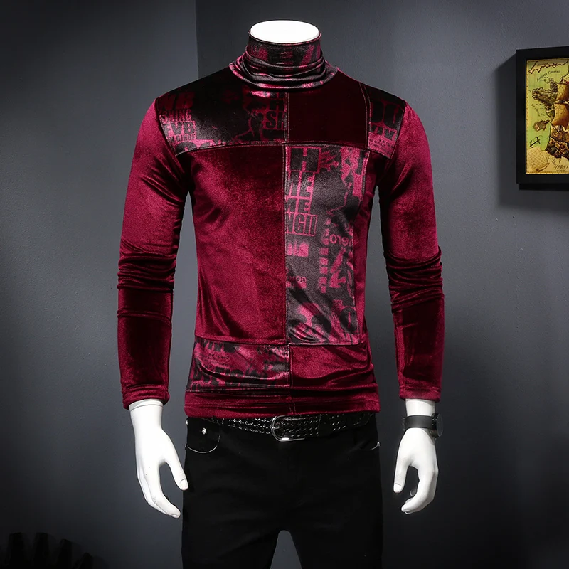 Мужские футболки мода 2018 Зима Водолазка мужские бархатные Poleras Hombre бордовый Camiseta