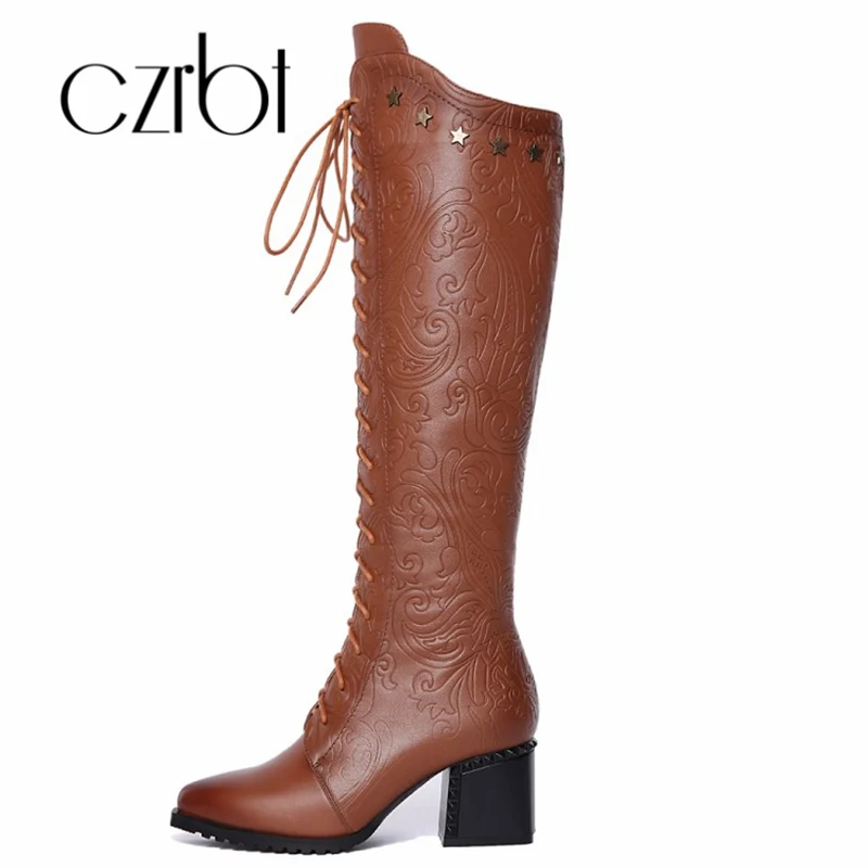 

czrbt new shoes women's square high-heeled cow leather warm toe and knee boots black/brown women's boots size 34-42