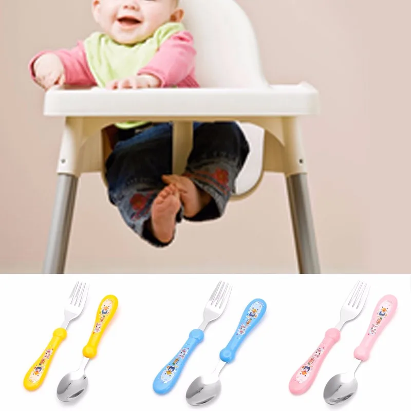 2Pcs/Set Lovely Baby Kids Feeding Spoon Fork Stainless Steel Baby Spoon