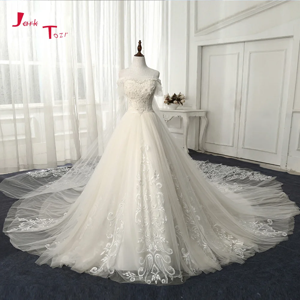 

Jark Tozr Beading Crystal Pearls Flowers Bodice Customize Appliques Chapel Train Gorgeous Wedding Dresses 2019 Robe De Mariee