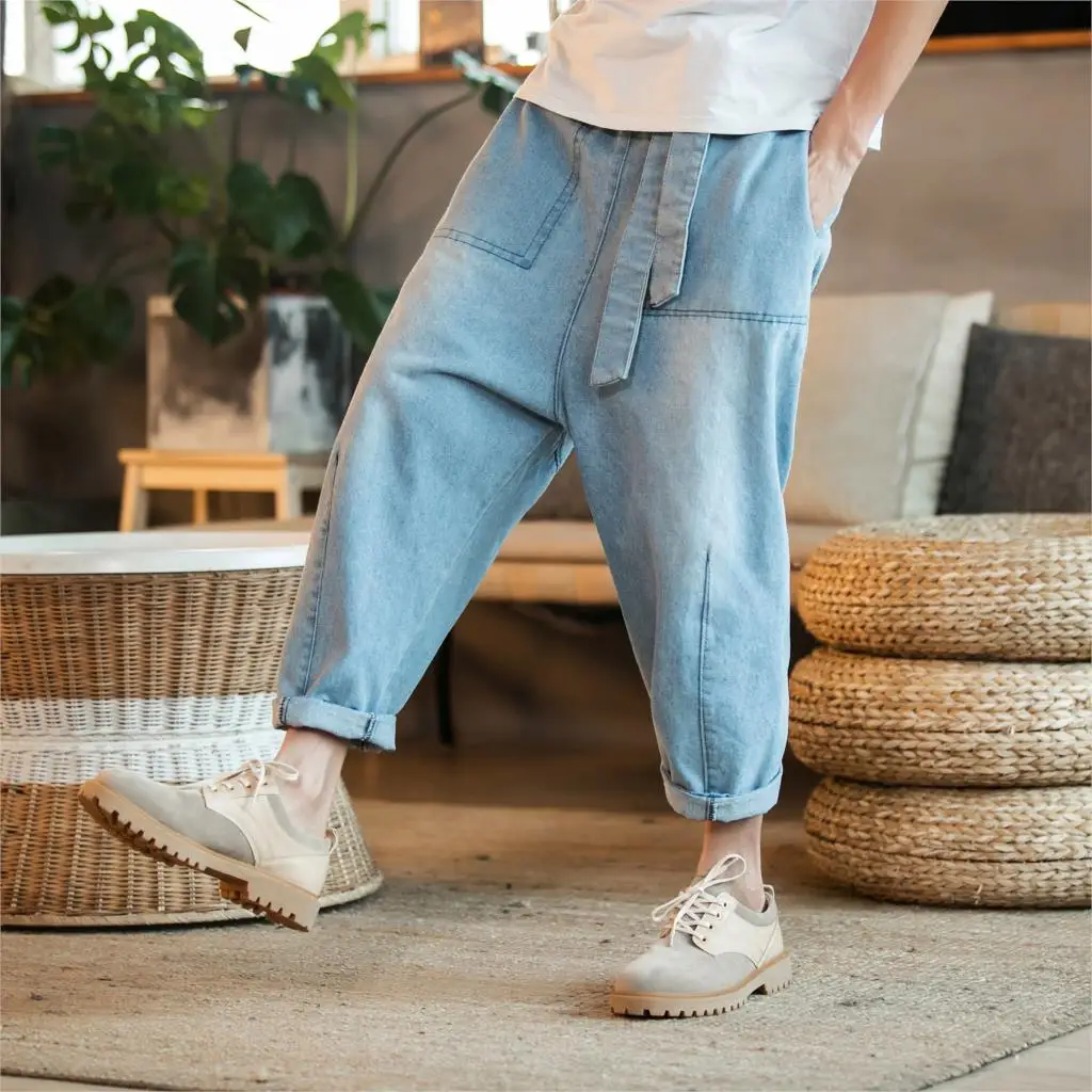 Male Harem Jeans Loose Fit New Bleached Casual Solid Men Denim Jeans